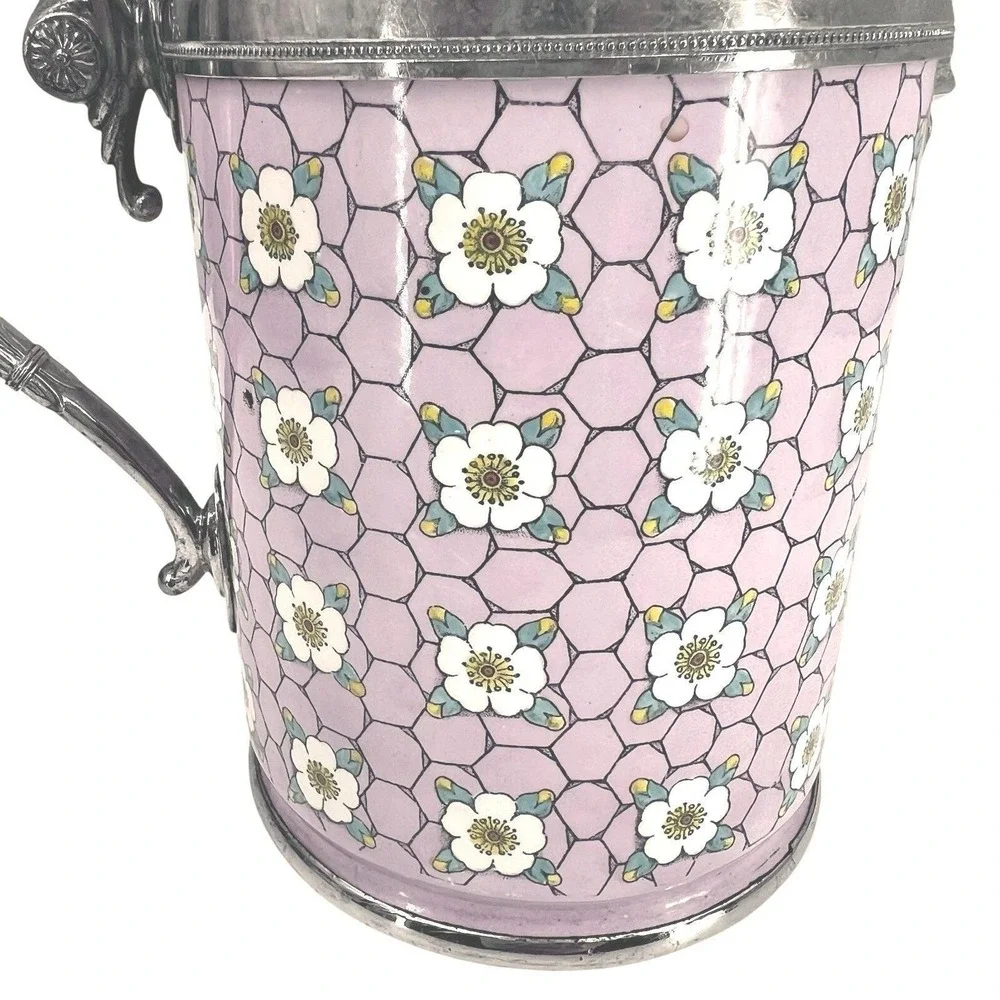 Antique Vintage Graniteware Enamel & Pewter Coffee Pot Pink Chicken Wire Dogwood